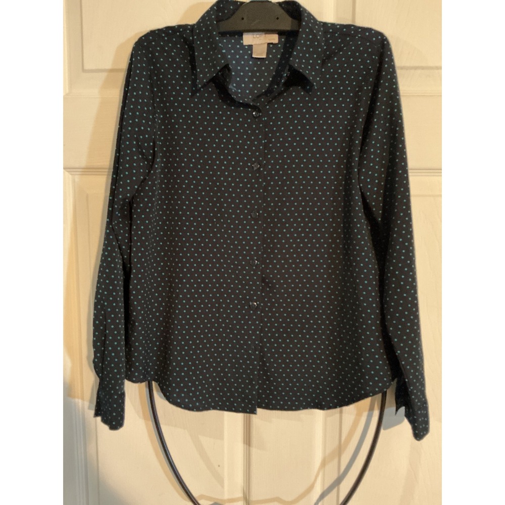 LOFT Petites Polka Dot Button Down Shirt Navy Teal XXSP Long Sleeve Blouse